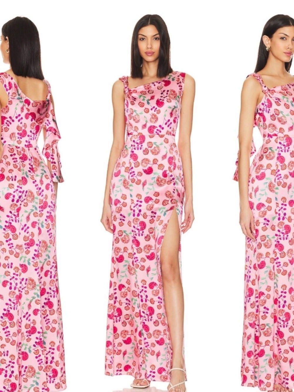 SALONI Leona Pink Floral One-Shoulder Maxi Dress with Side Slit